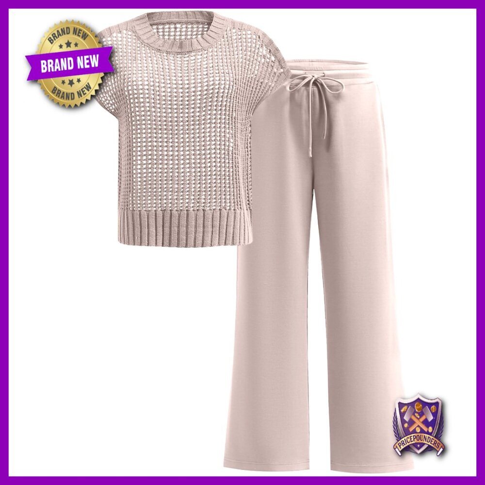 Crochet Sheer Knit Sweater Top Wide Leg Pants Lounge Matching Set